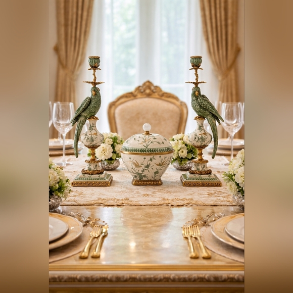 Other - Green & White Hand Painted Porcelain & Bronze Ormolu Parrot Candle Holders